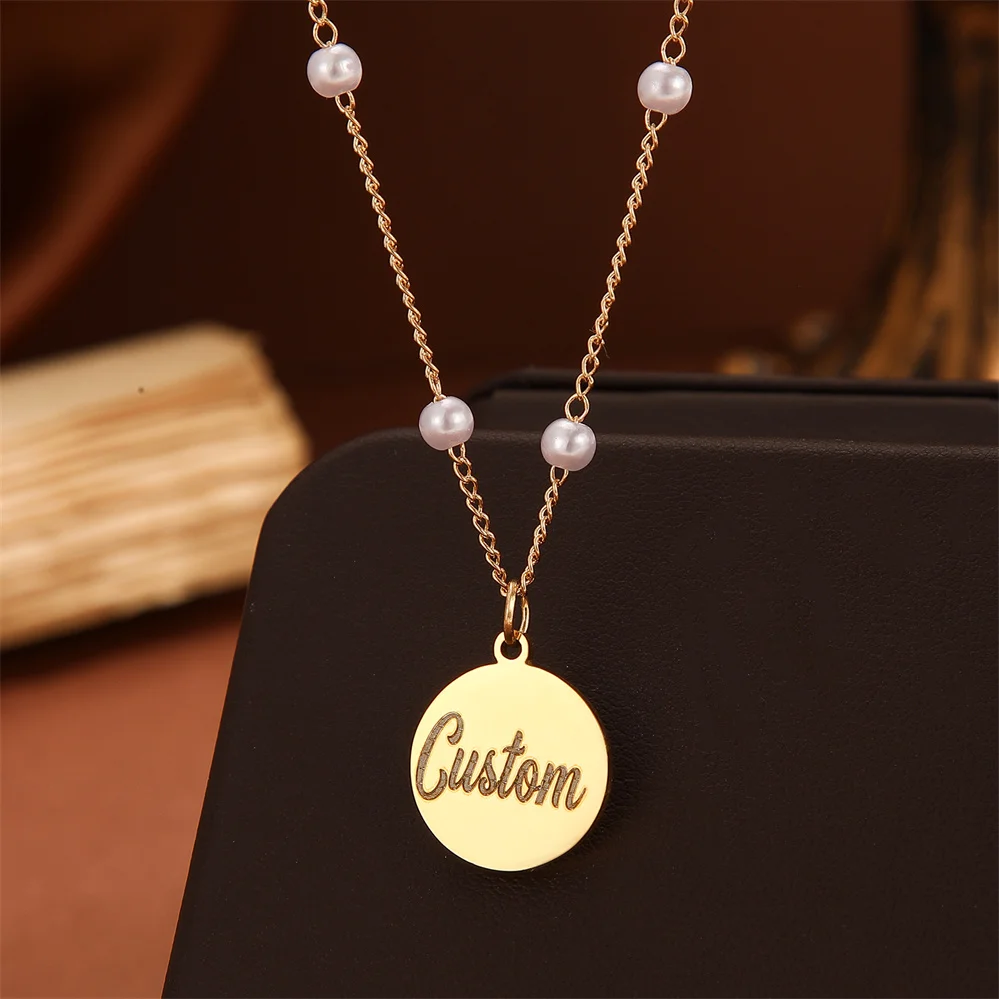 QIMING Customized Name Pendant Necklace For Women Men Pearl Jewelry Stainless Steel Necklaces Gift