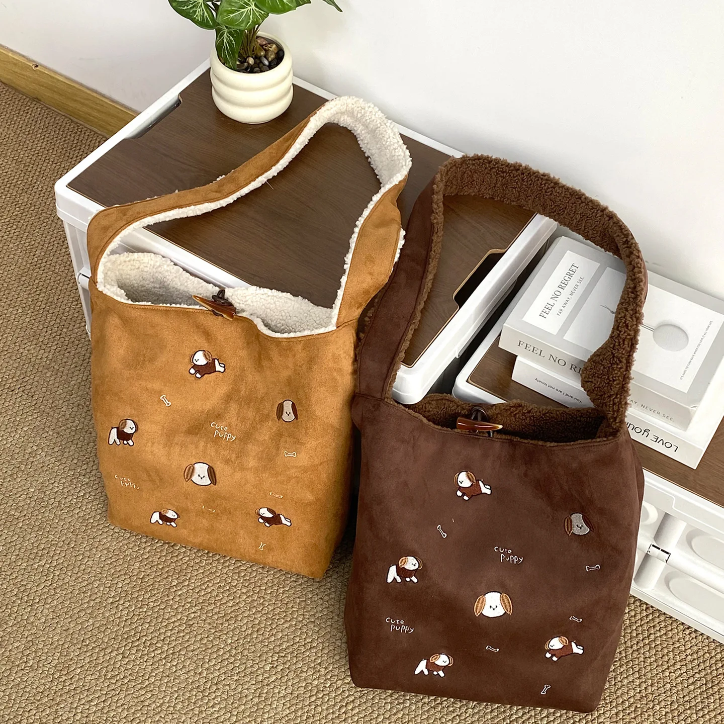 

Vintage Faux Suede Women's Plush Shoulder Bags Embroidery Double Sided Casual Tote Handbags Girls Travel Large Crossbody Bag