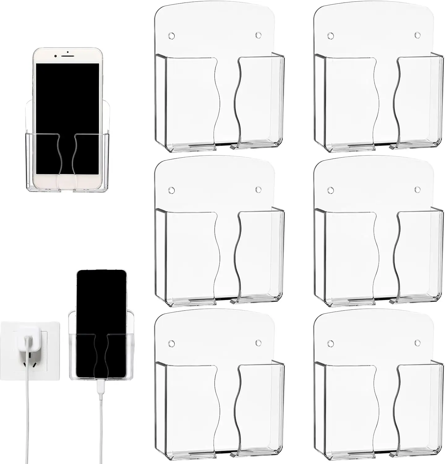 

6 Pcs Wall Mounted Phone Holder Self Adhesive Acrylic Stand with Charging Hole for Smartphones