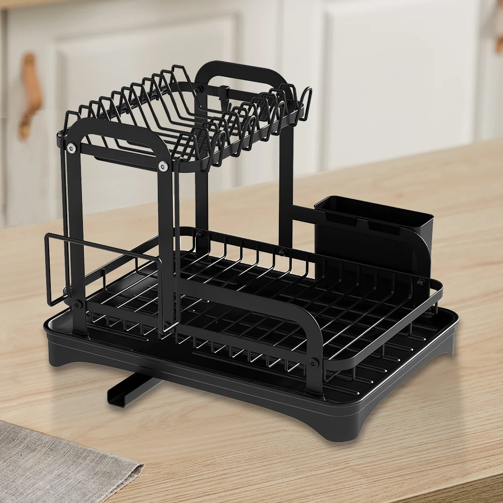 

2 Tier Dish Drainer Cup Holder Kitchen Sink Organizer Cutting Board Holder Bowl Dish Draining Shelf 360-Degree Retractable Drain