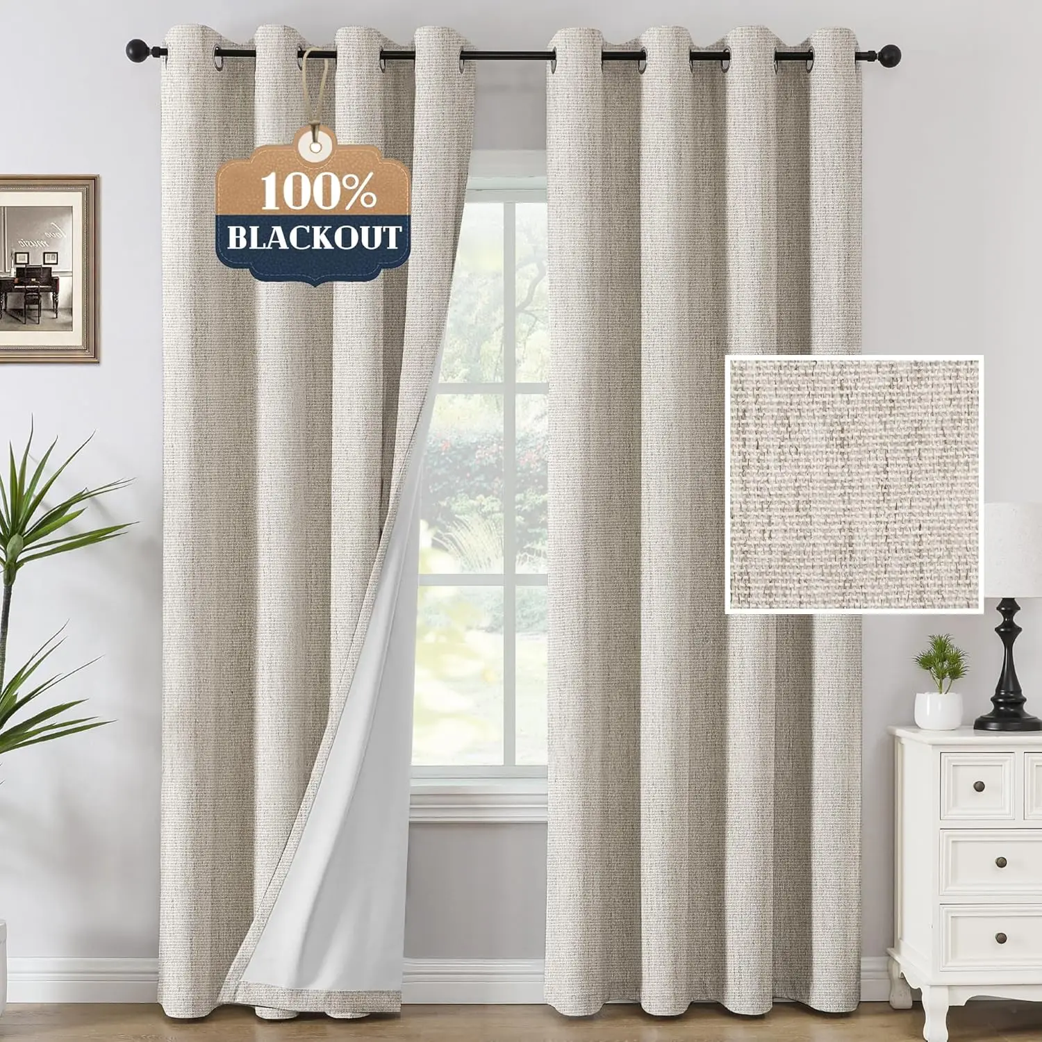 

Premium Chenille Blackout Curtains - 100% Blackout Thermal Insulated Noise Reducing, Heavy White Flocking Coating Back L