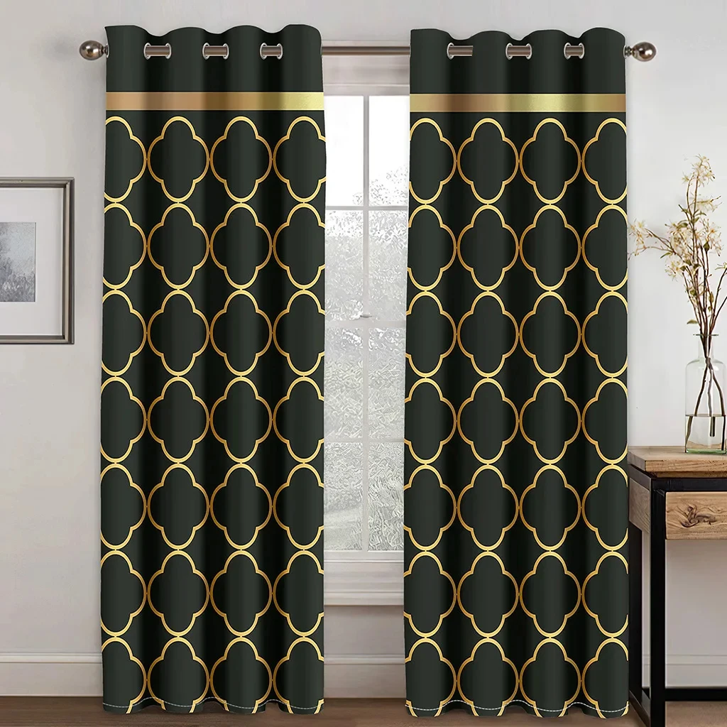 2 Panel Luxurious Black Gold Curtains Abstract Geometric Curtains for Bedroom Living Room Kitchen Floor Window Blinds Curtains