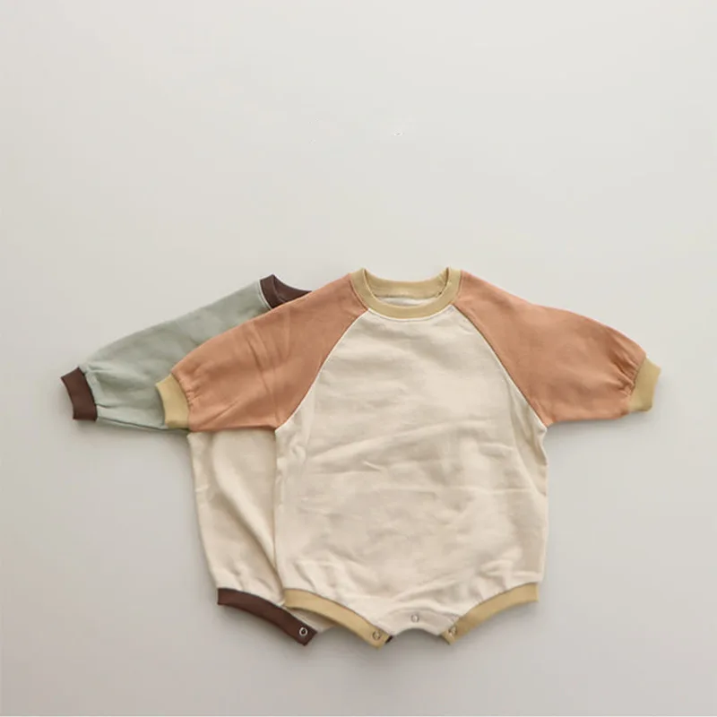 Korean Version Baby Spring Autumn Winter Outfit Contrasting Color Shoulder Cute Cotton Hoodie Triangle Crawling Jumpsuit