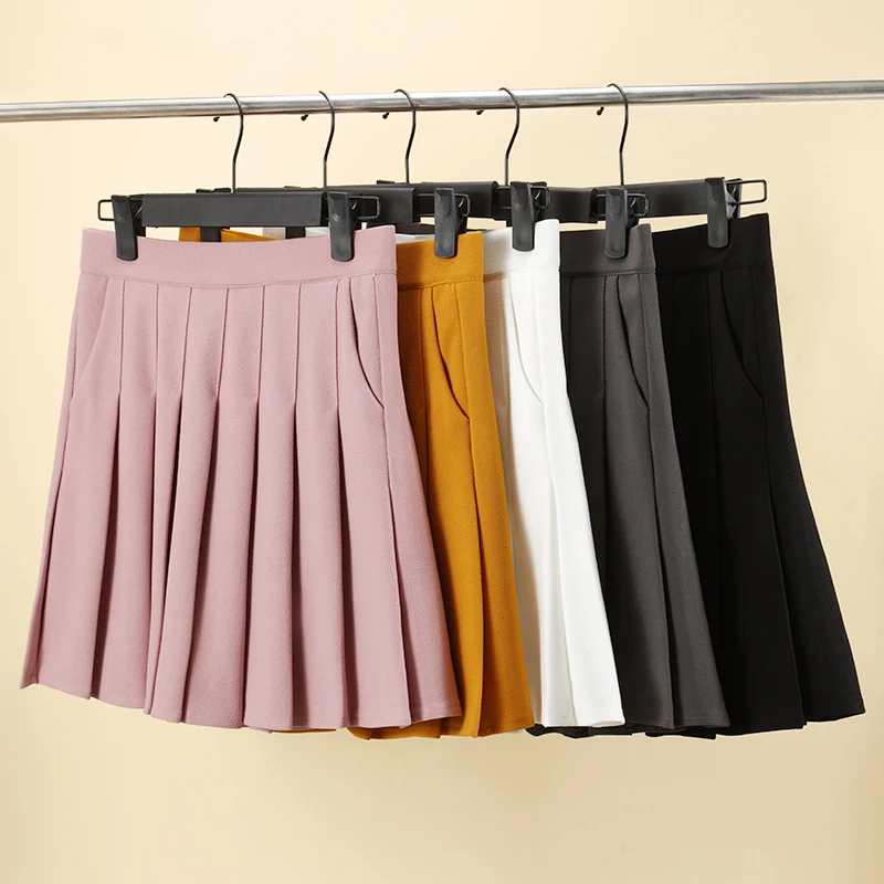 Rok Lipit dengan Saku Wanita Musim Gugur Gaya Preppy Kuning Elastis Pinggang Tinggi A-line Pelangsing Hitam Kawaii Rok Pendek Mini