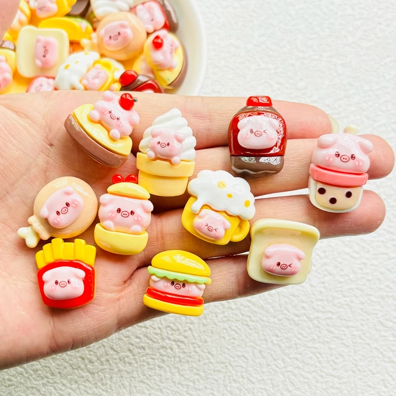 10 Pcs New Resin Cartoon Piglet French Fries, Beer, Burger Flat Back Scrapbook Figurine DIY Bow Decor Accessories Crafts