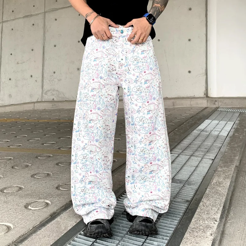 

Джинсы больших размеров, мужские модные брендовые уличные брюки в стиле хип-хоп, свободные повседневные широкие брюки, белые потертые джинсовые мешковатые джинсы с принтом граффити