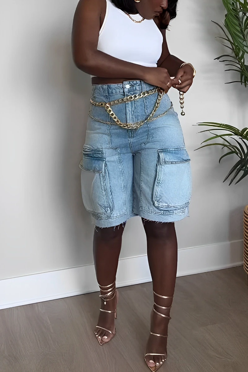 STYLISH LADY Cargo Pocket Knee Length Jeans 2025 Autumn Women High Waist Stone Wash Casual Loose Street Denim Jeans Pants