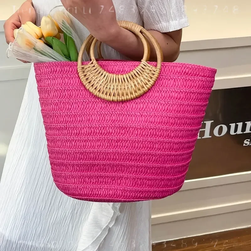 Women Summer Woven Paper Tote Bag Large Capacity Solid Color Round Wooden Handle Beach Handbag Casual Outdoor Vacation view 3