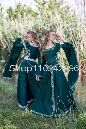 Renaissance Medieval Outfits Autumn Princess Prom Dresses Cotton Long Sleeve Embroidery Bustle Costumn Evening Dress