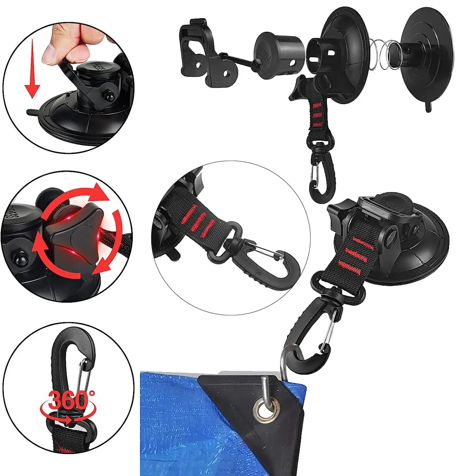 Heavy Duty Rotating Suction Cup Hook for Camping Tarp Car Awning Tent Tie Down Outdoor Waterproof Anchor