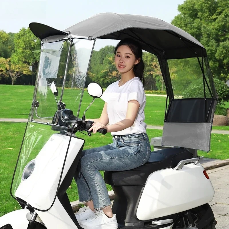 

2025 Foldable E-Bike Canopy 3-in-1 Rain/Sun/Wind Protection, Retractable Cover for Scooter w/Quick Lock