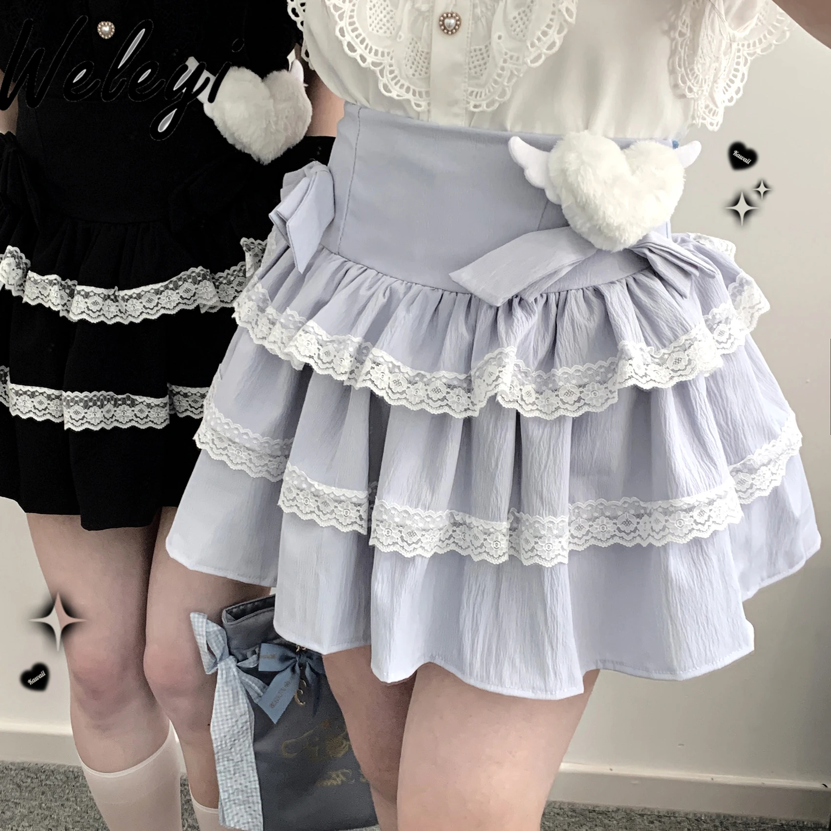 

Autumn 2024 New Cute Lace Stitching Short Cake Skirt Y2K Woman Original Mass-produced Water Color Bow Double-layer Short Skirts