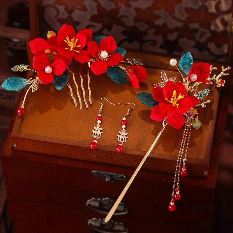 

Chinese Red Flower Hairpin Earrings Set Women Pearl Tassel Flower Hairpins Forks Vintage Hanfu Wedding Hair Accessories Jewelry