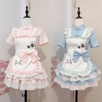 Lolita Style Cute Girls Sweet Shirt Top Lace Spliced Cake Skirt Bow Strap Apron Overalls Dress Set Two Piece Sets Women Outfits