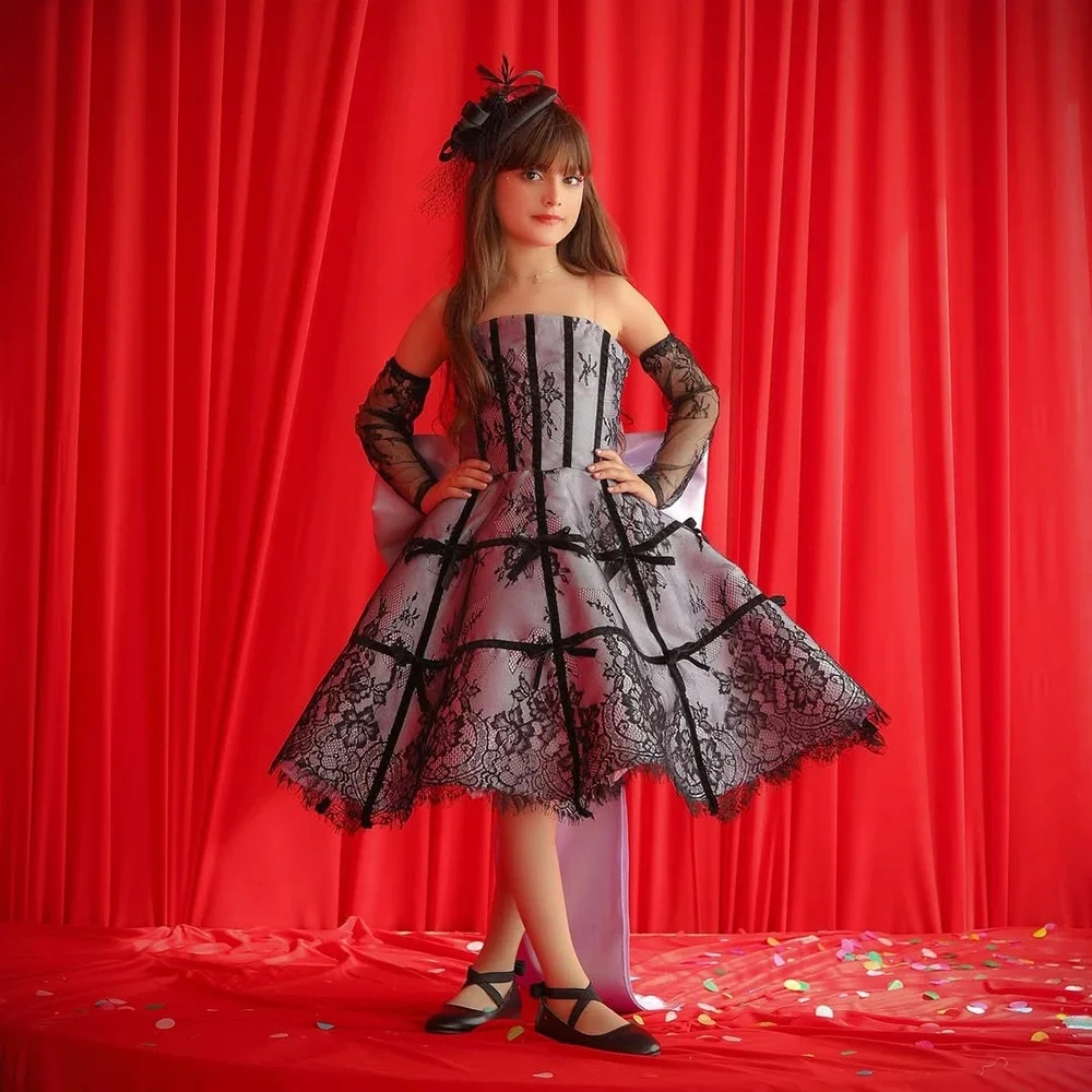 Custom Strapless Lace Bow Short Ball Gown Luxury Dress Women Wedding Guest Gown Kids Birthday Party Outfit for Pageant Runway