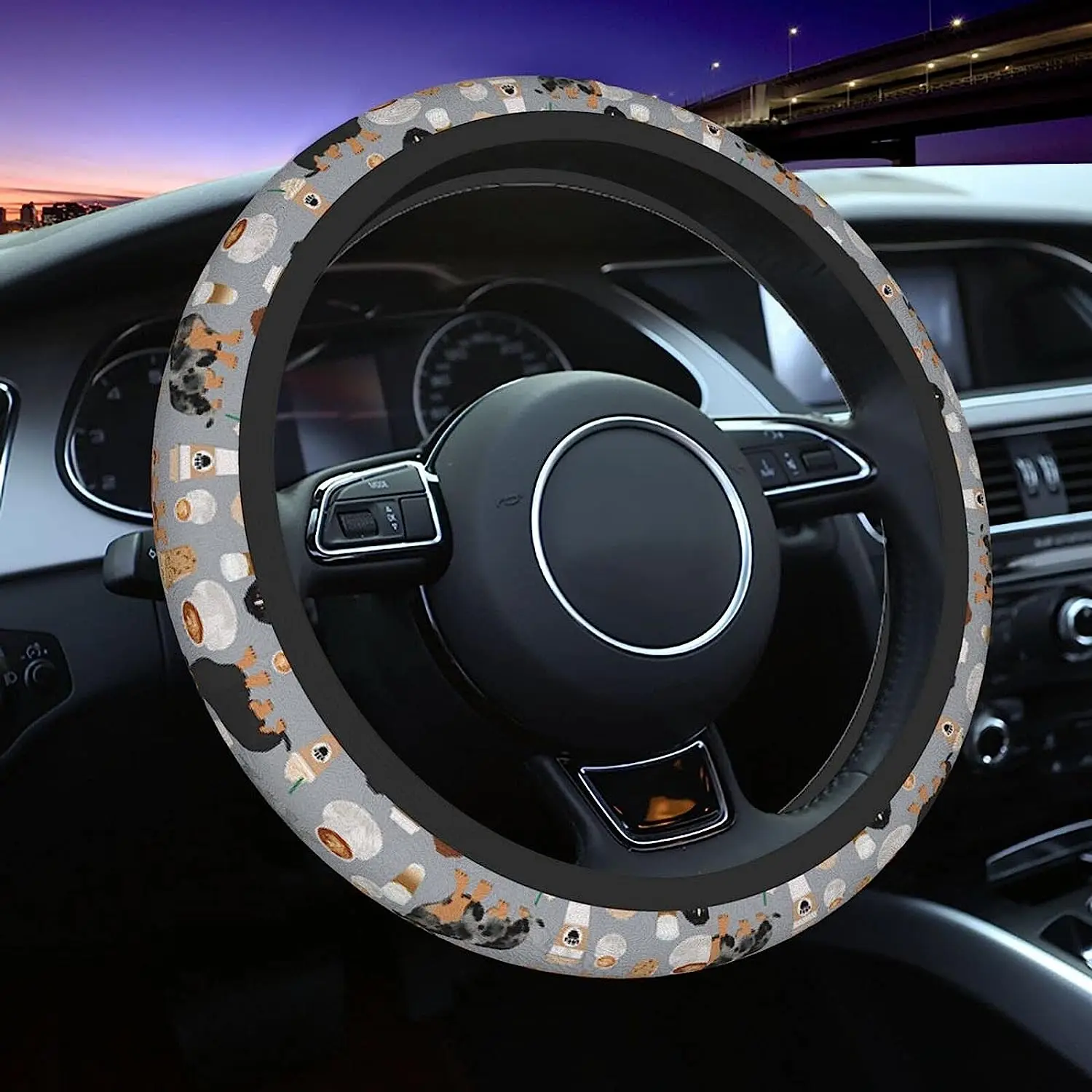 

Dachshund Cute Dog Grey Steering Wheel Cover Universal Fashionable Anti-Slip Breathable Car Accessories Cool in Summer