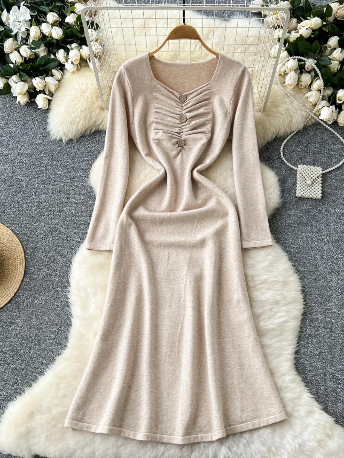 Koreanische Sle Hohe Taille Gestrickte Lange Sve Dr Frauen Fro mit Knopf Detail Quadrat Ne Design Geraffte Taille