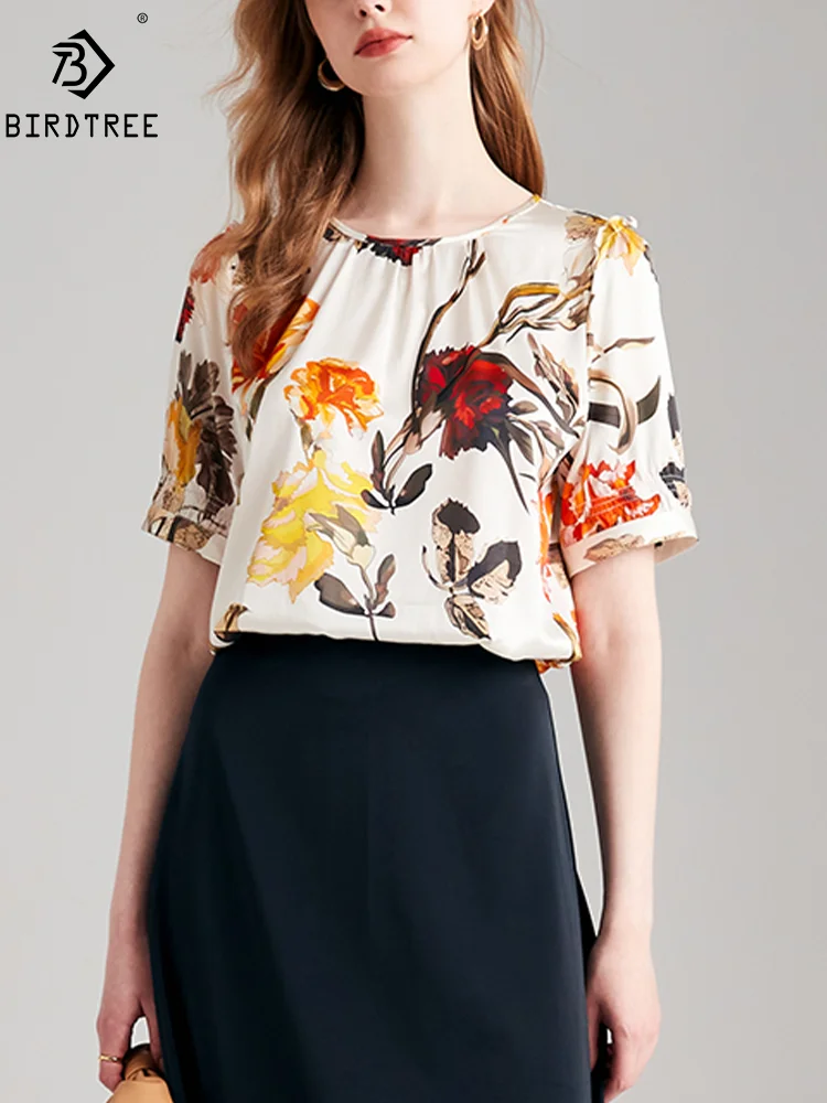 

BirdTree, 93.1%Mulberry Silk Elegant T Shirt, Women Short Sleeve Floral, Retro Commute Blouse, 2024 Summer Autumn Top T47257QM