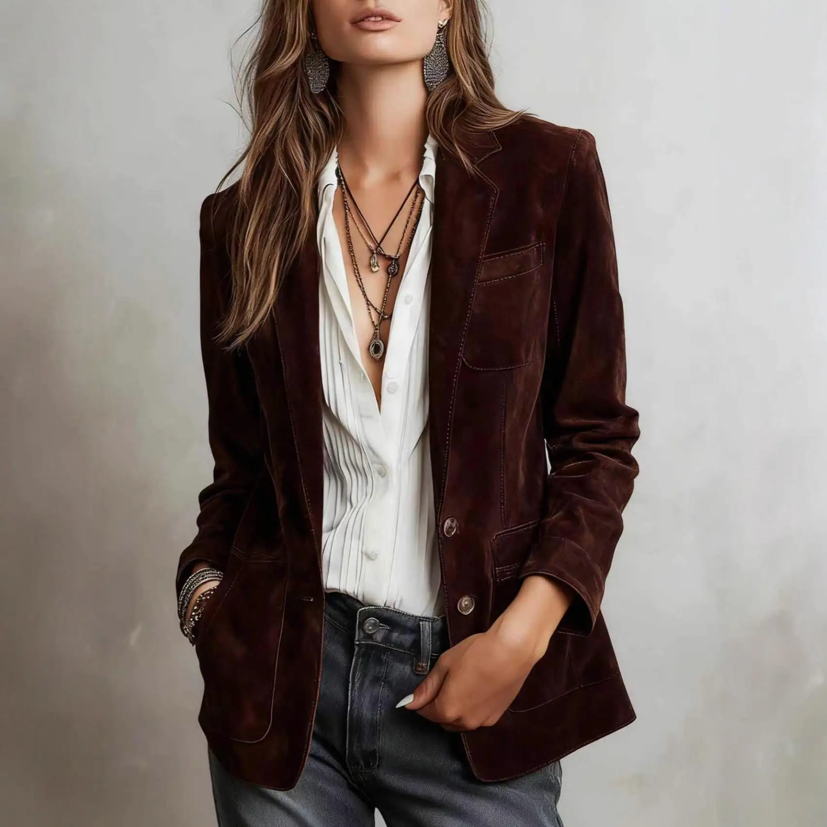 Elegant Vintage Suede Jacket 2025 Women's Fashion Long Sleeve Single Button Coat with  Independent Station Style