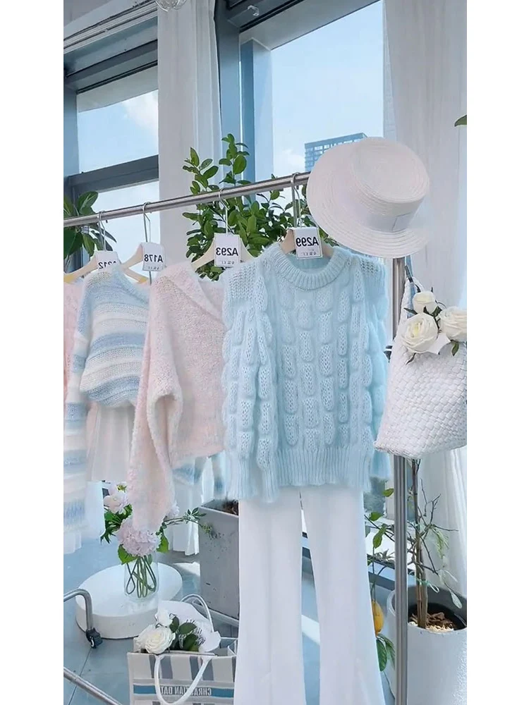 Blue Mohair Knitted Sweater Pullover Women 2022 Winter Casual Loose Fashion Soft Ladies Jumper Knitwear Long Sleeve O-neck Tops