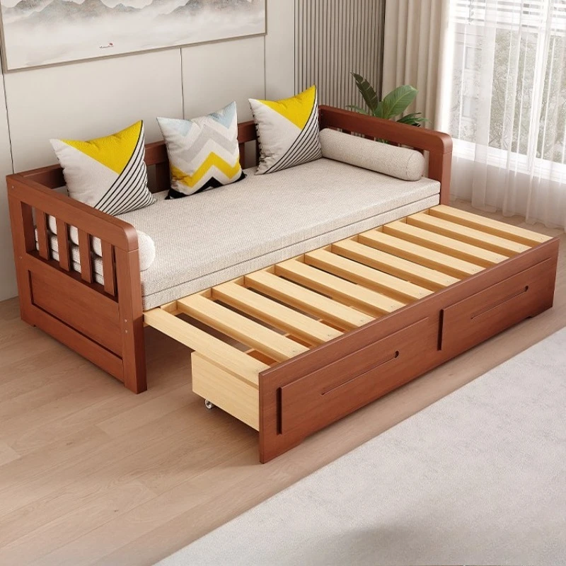 Solid wood sofa bed, folding small apartment in the living room, multi-functional storage, push-pull dual-purpose
