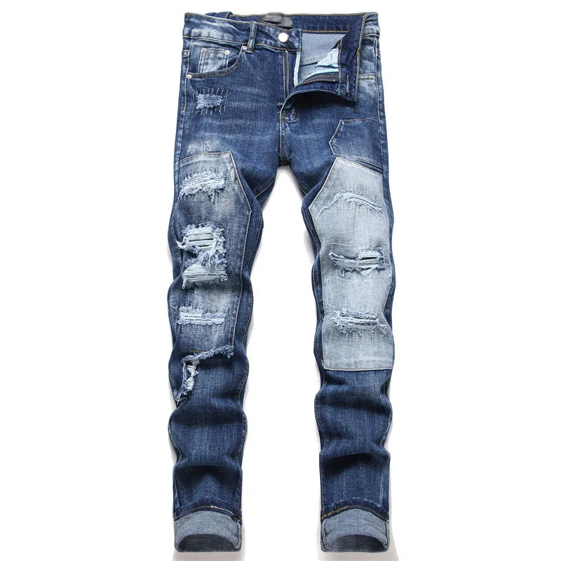 

New Mens Straight Hole Ripped Jeans Distressed Denim Pants Men Fashion Hip Hop Patchwork Embroidered Blue Cotton Jeans