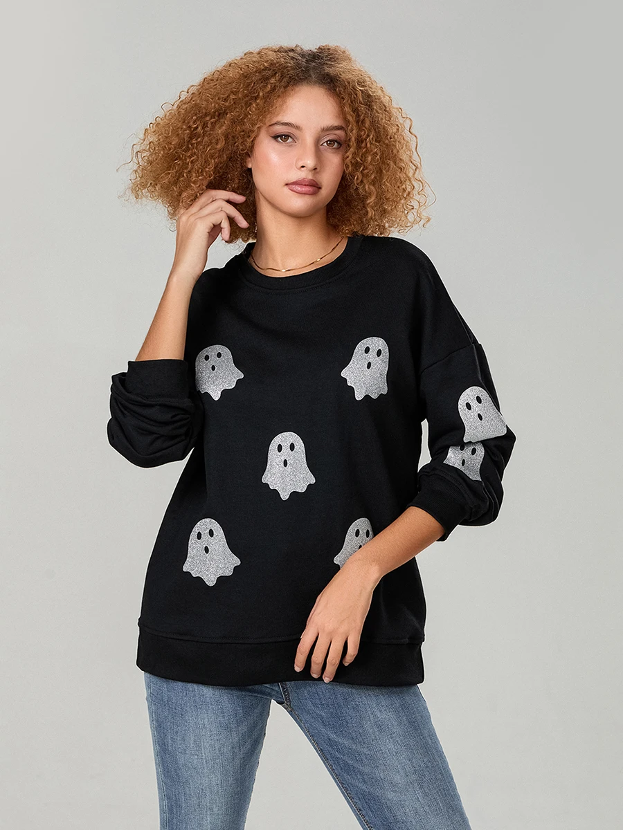 wsevypo Women Autumn Halloween Sweatshirts Gothic Ghost Print Long Sleeve Crew Neck Pullover Fall Tops Fashion Sweatshirt