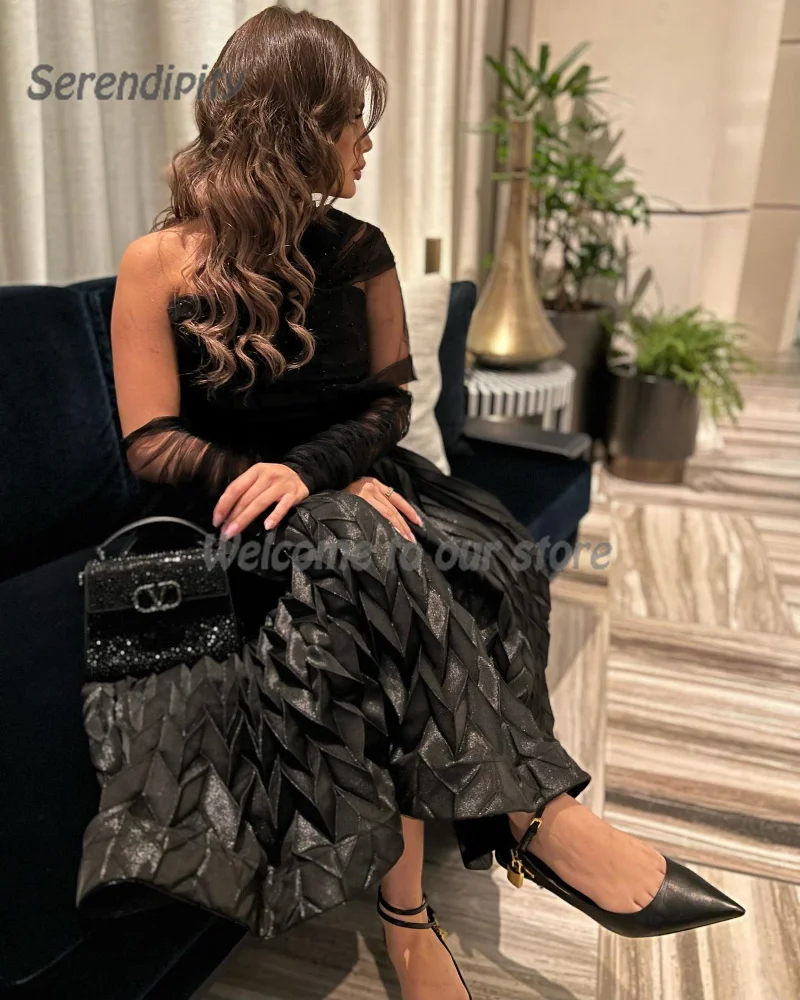 Elegant Evening Dress For Sexy Women 2024 فساتين مناسبة رسمية A-Line One-Shoulder Luxury Lace Pleat Black Cocktail Prom Gown