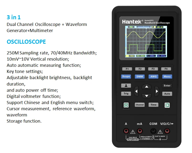 Hantek 2D42 3 1 Portable USB Digital Oscilloscope 250msa/s Waveform Generator 2 Channel 40MHz LCD Handheld 3 1 Oscilloscope