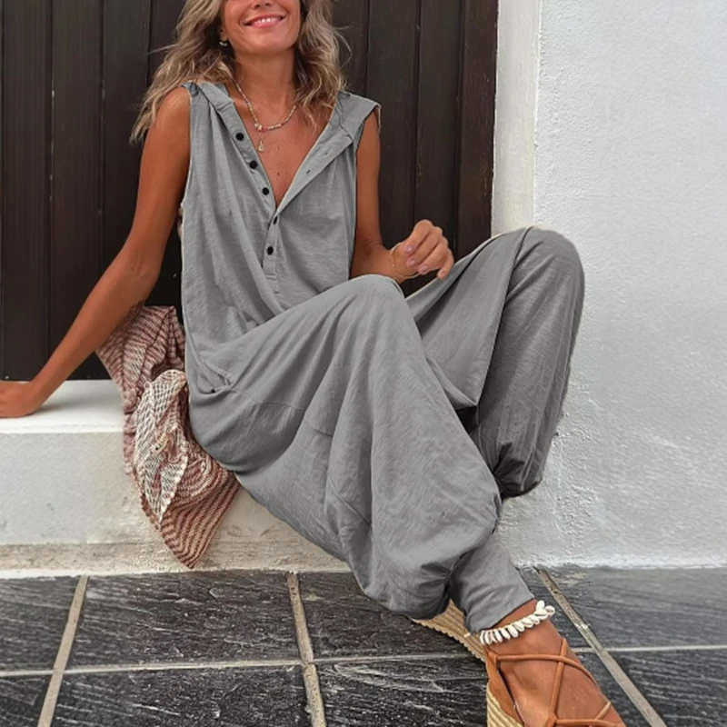 

Women Jumpsuits Hooded Button Rompers Sleeveless Wide Leg Pants Streetwear Ankle Length Pant Overalls Lady Summer Solid