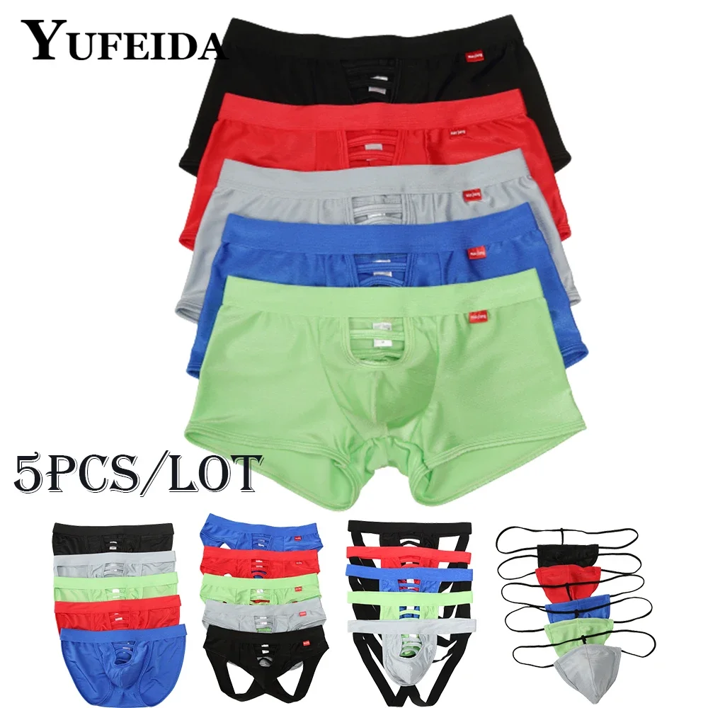 

YUFEIDA 5pcs/lot Men Open Front Hole Briefs Thongs Underwear Sexy Jockstap Open Butt Thong Bulge Pouch Underpants Gay G Strings