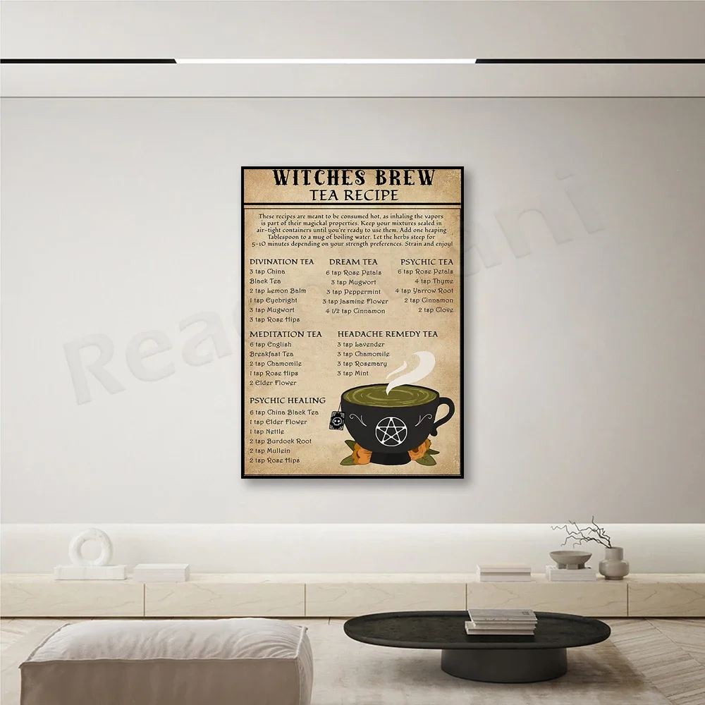 Halloween witch tea brewing recipe poster art, witch Halloween-themed home decor sign.