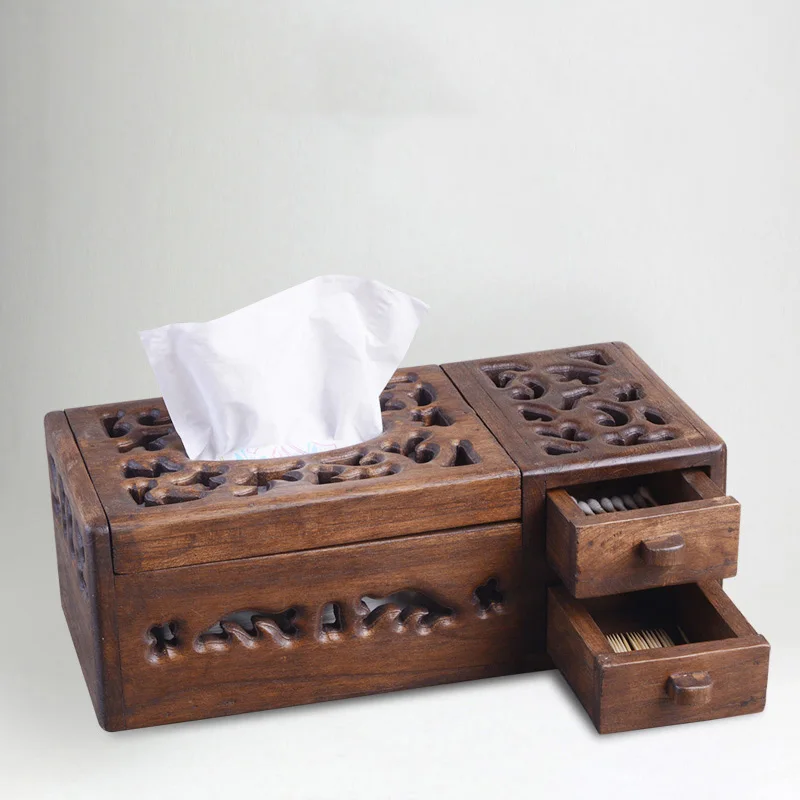 Strange creative multi-functional retro wooden tissue box, living room, pastoral household storage, drawer cardboard box, coffee