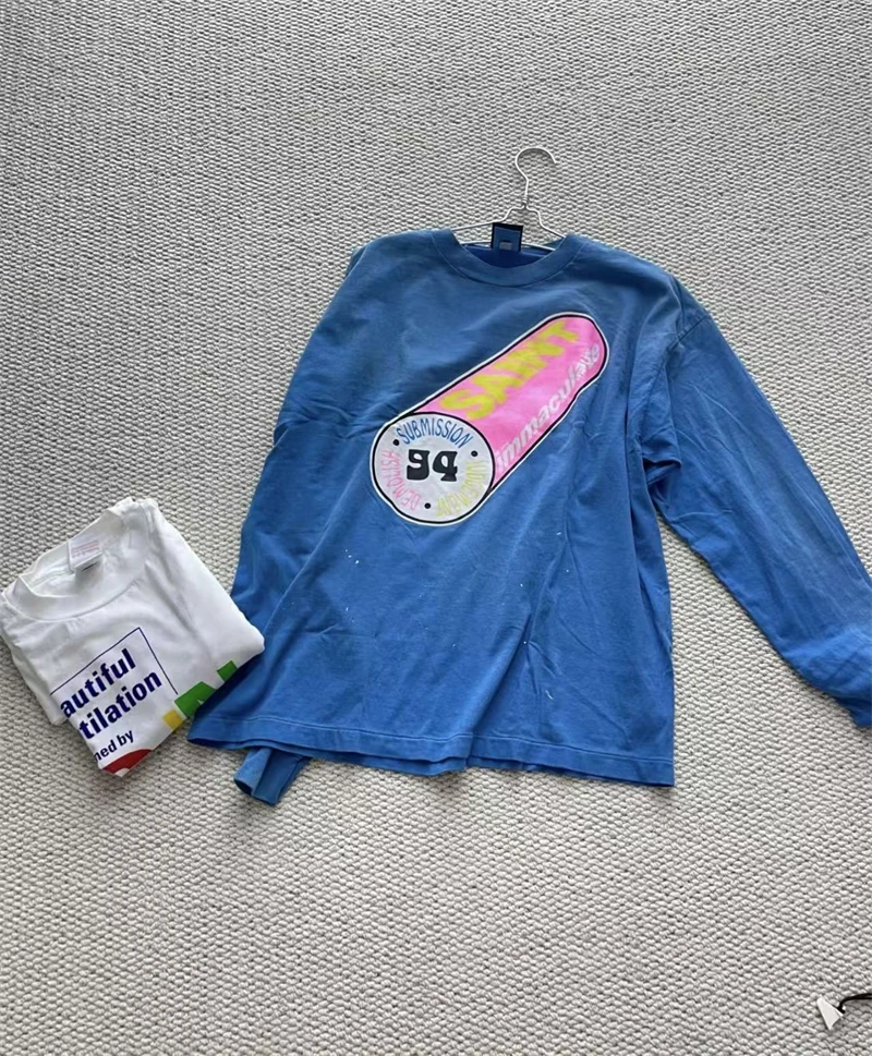 High Street Washed Blue SAINT Pattern Print Vintage Destruction Design Long Sleeve T-shirt Casual Loose Cotton Oversize