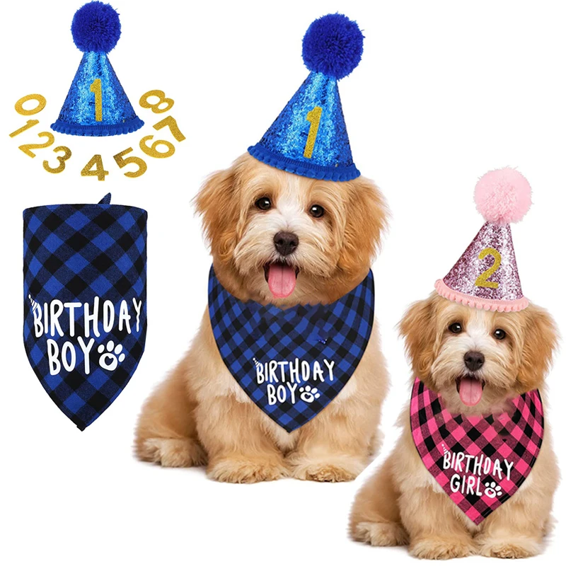 Pet Birthday Party Decoration Set for Girl Boys Dog Pet Hat and Bandana Decoration Happy Birthday Dog Cap Blue/pink Pet Supplies