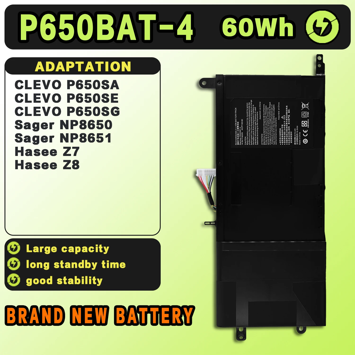 SAT P650BAT-4 New Laptop Batteries Replacement For CLEVO P650SA/P650SE/P650SG Sager NP8650/NP8651 Hasee Z7/Z8 14.8V-60Wh-3915mAh
