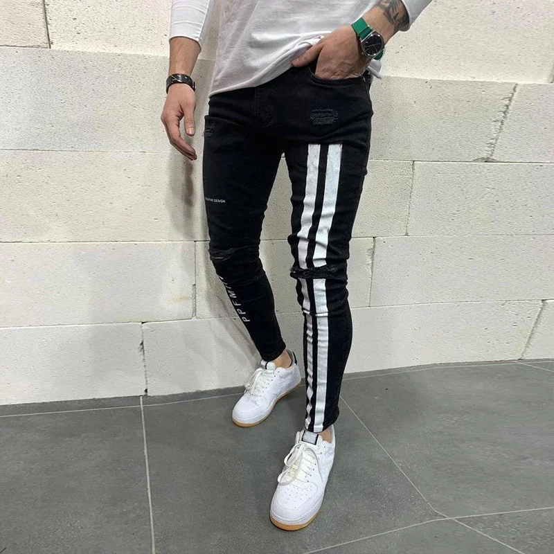 Men\'s Stretch Jeans Knee Holes Fashion Tight Small Foot Pants Large Size S-XXXL Spring And Autumn Leisure Sports Denim Pants