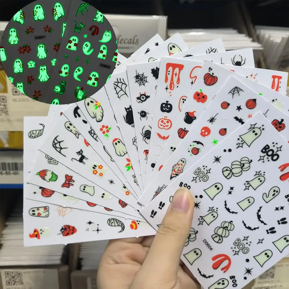 1/12Pcs 3D Luminous Halloween Nail Stickers Cartoon Ghost Pumpkin Spider Bat Skull Nail Decals Halloween Nail Art Decorations NK