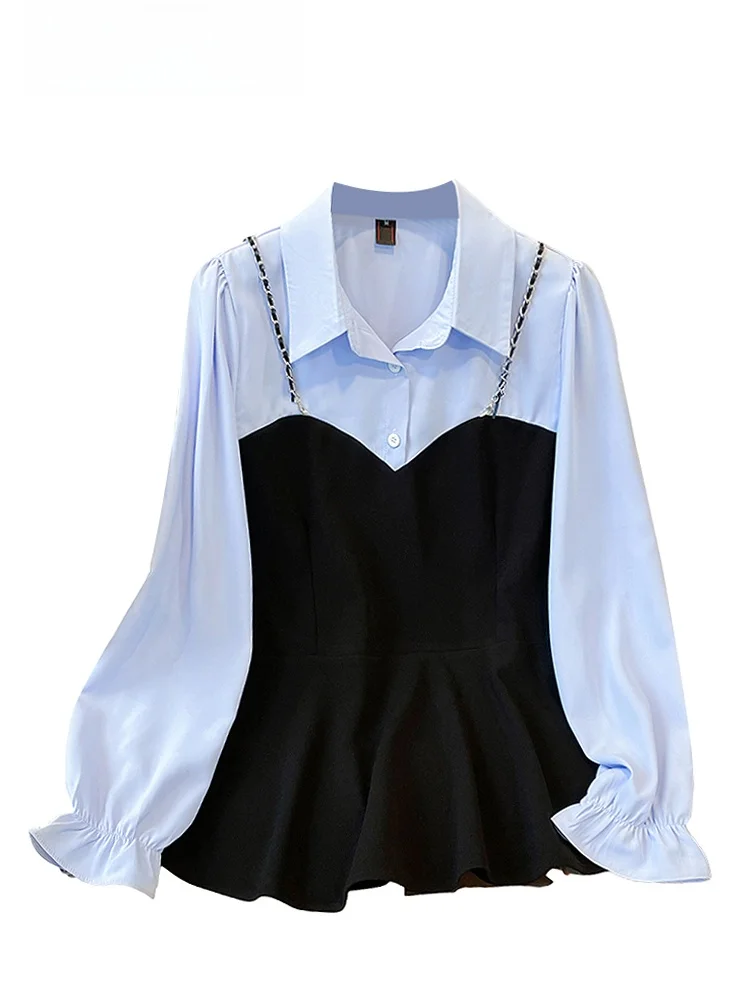 

Blue irt Women's Faionable Autumn Winter High Waist Slim Fit Casual Korean Sle Large Size Collar Long Sve Top