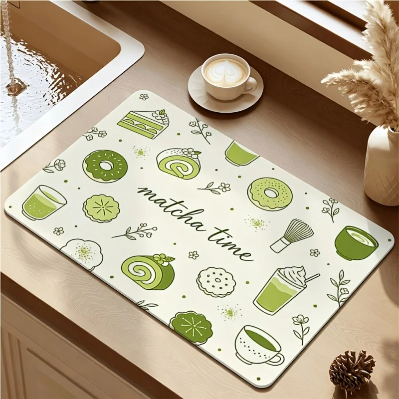Drying Mat Matcha Dessert Donut Cake Print Tableware Drain Pad for Coffee Bar Countertop Decor
