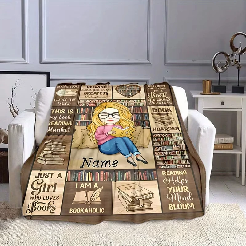 [Book Lover Blanket] Personalized _Just a Girl Who Loves Books_ Flannel Blanket - Cozy All-Season Throw with Custom Name Option