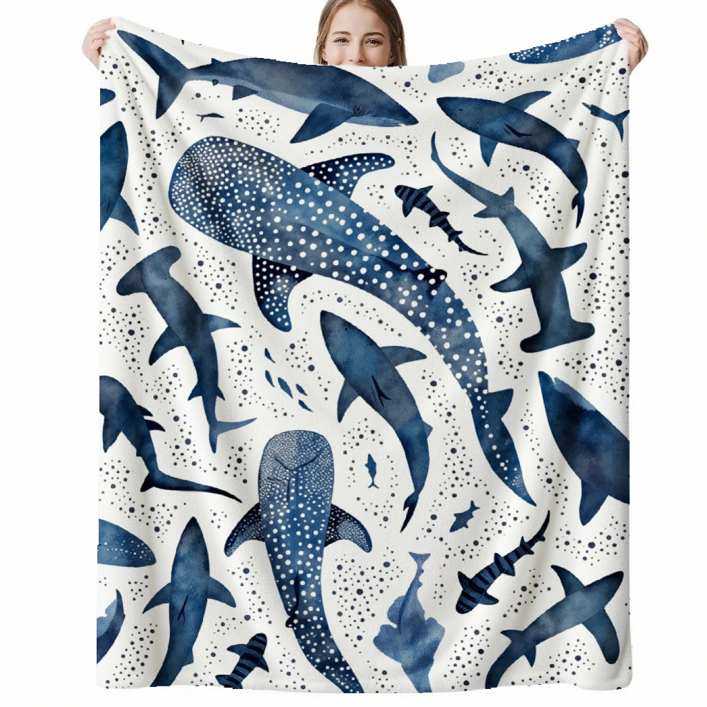 Blue Watercolor Shark Print Throw Blanket Cozy Sofa Couch Manta Soft Bed Decorative Blanket For Bedroom Living Room Decor
