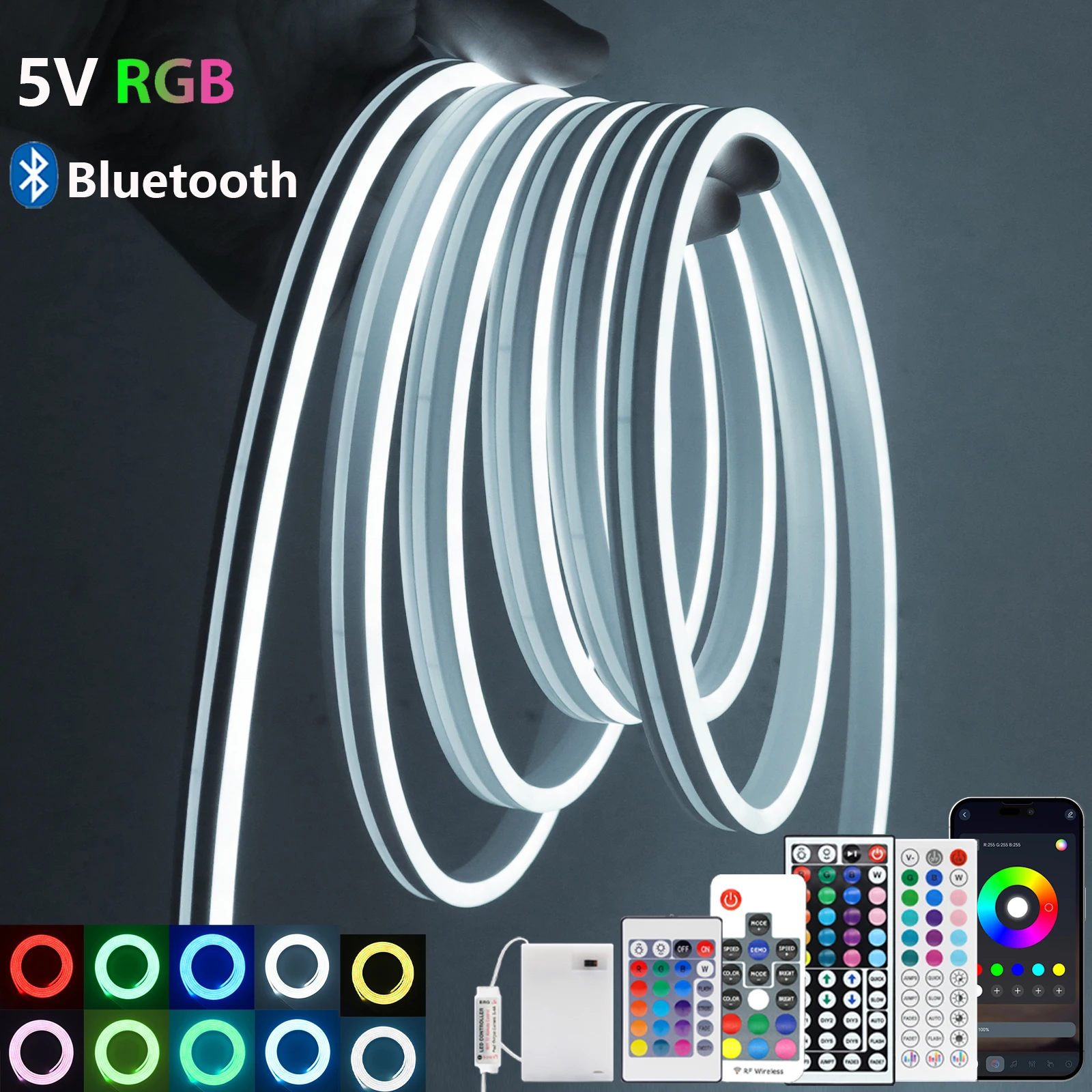 RGB Bluetooth 5V LED Neon Strip Light 17Key 24key 44key Remote Control 3AA Battery Box 108Leds/M 1M 2M 3M Waterproof Home Decor