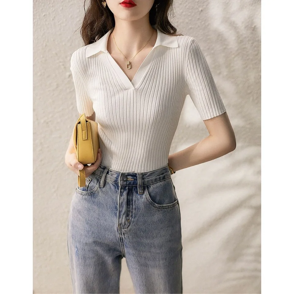 Polo Neck Top Rayon Short-sleeved T-shirt Women's New Stylish Layer Knitwear Slim Top Versatile Golf Shirt Harajuku T Shirts