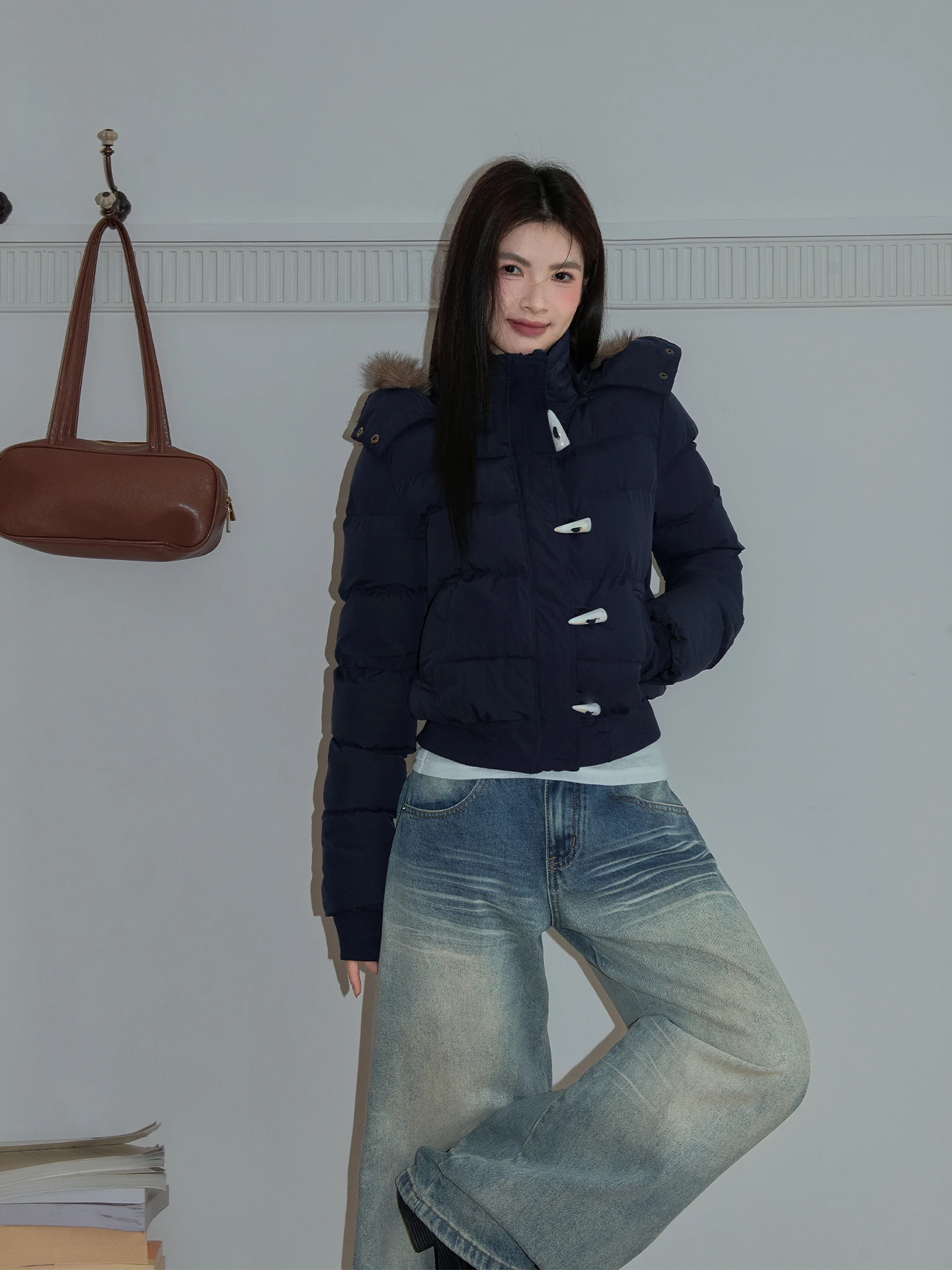 

OLD Original Korean Sle Women's Cotton Jaet with Hat Slim Fit ort Sle Button Design Autumn Winter Faion Outerwear