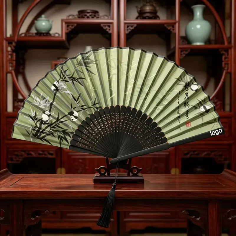 Personalized Custom Logo Text, Laser-Engraved Names and Dates, Zen-Inspired Panda and Bamboo Folding Fan - Handcrafted Black Bamboo Frame with Vivid Forest Green Pattern, Asian Oriental Style Handheld Fan, Suitable for Home Decoration, Wedding Gifts, Photography Props, Cultural Decoration - Elegant and Suitable for Various Occasions