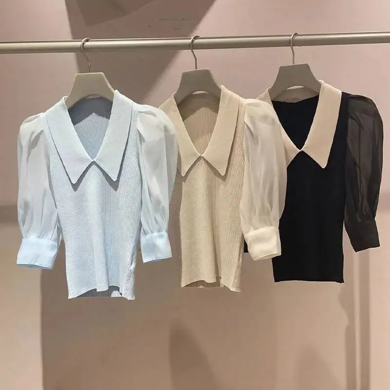 

BabYoung мягкие блузки с пузырьковыми рукавами, новый японский свитер из сращенной сетки с воротником, лето 2025, тонкие вязаные женские топы Mujer