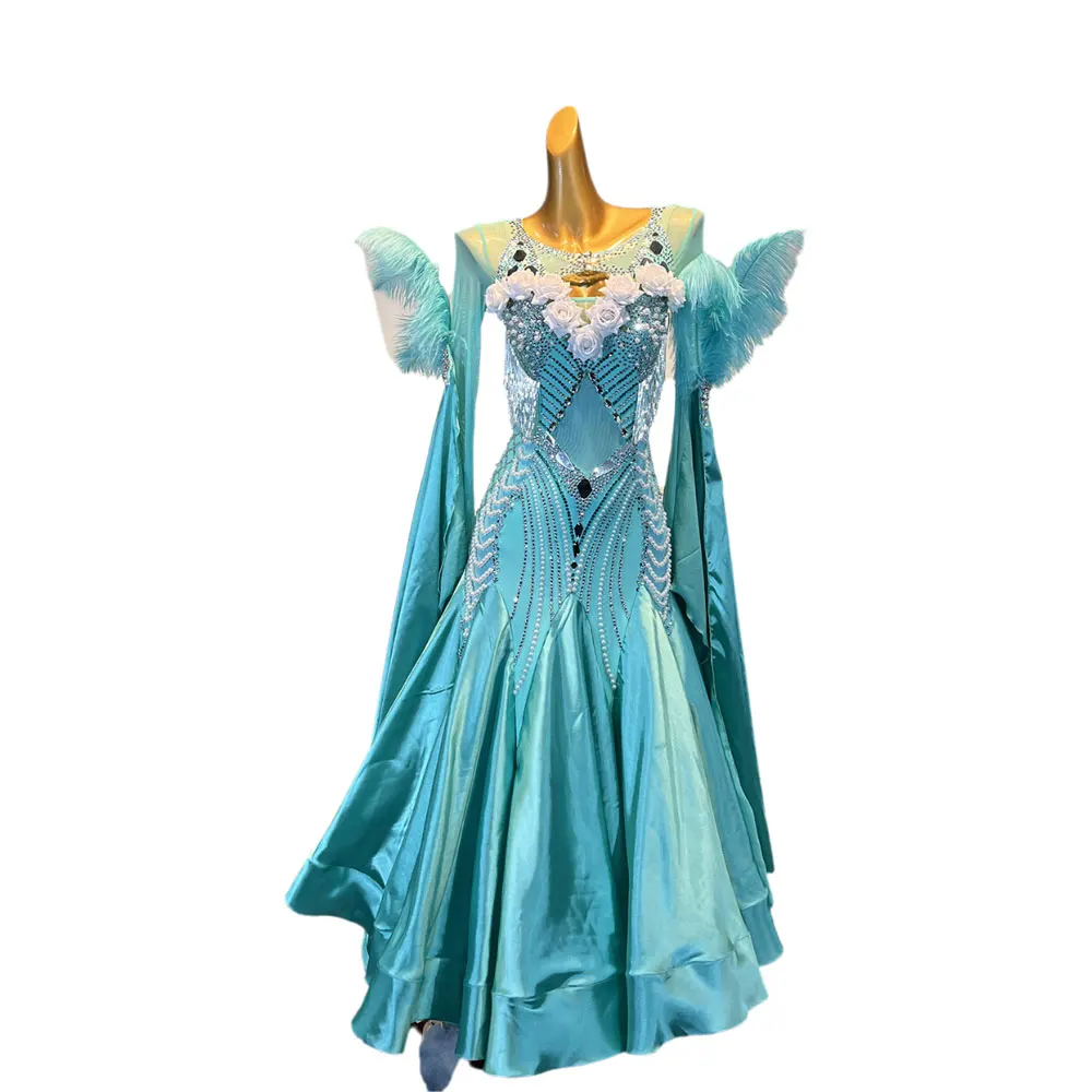 Latin Dance Adult Children'S Dress Rhinestone High-End Custom White Flower Modern Big Skirt Waltz Women'S Professional Clothing