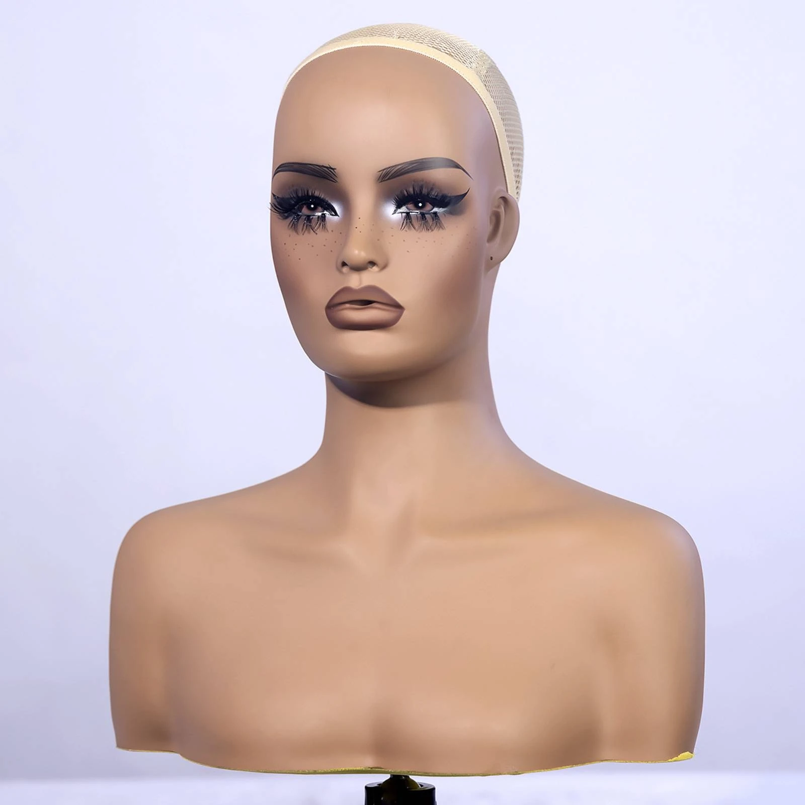 PVC Mannequin Head with Bust Stable Female Mannequin Head with Eyelashes and Lips Life Size Pre-Makeup for Salon Owners
