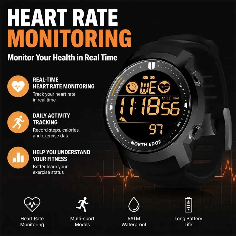 NORTH EDGE Men's Military Digital Watch 50M Waterproof with Pedometer Stopwatch Heart Rate Monitor for Running Sports Android Co